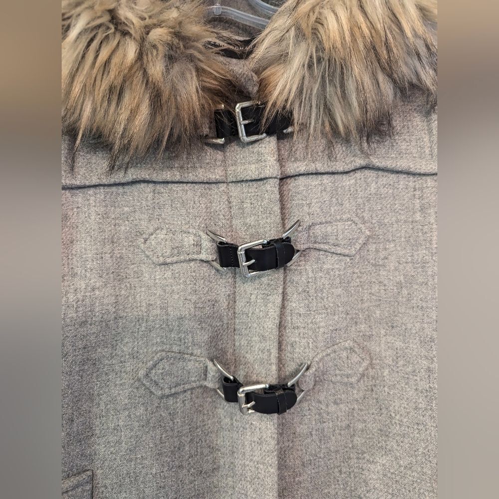 ZARA A-line Wool Duffle Coat jacket Gray detachable faux Fur Hood pockets size S - Picture 10 of 16